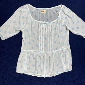 Hollister White Peasant‎ Top Blue Geometric Print Sheer Tunic Blouse Size S Flaw